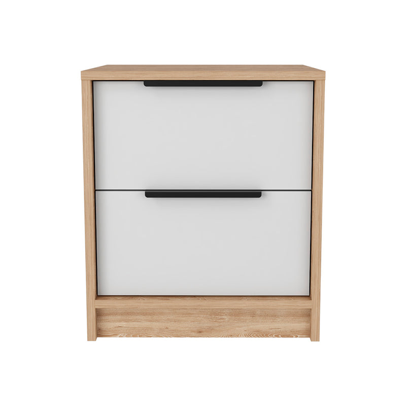 Nightstand Cervants, Two Drawers, Metal Handle - White / Pine