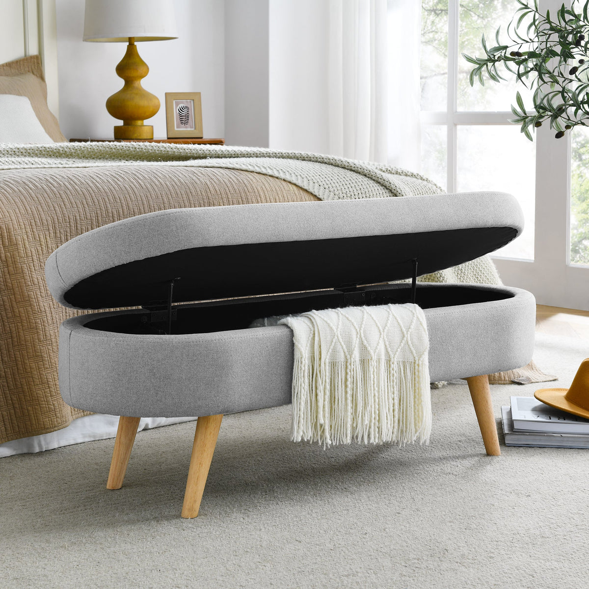 Ottoman Oval Storage Bench, Wood Legs, Grey(43.5"x16"x16")