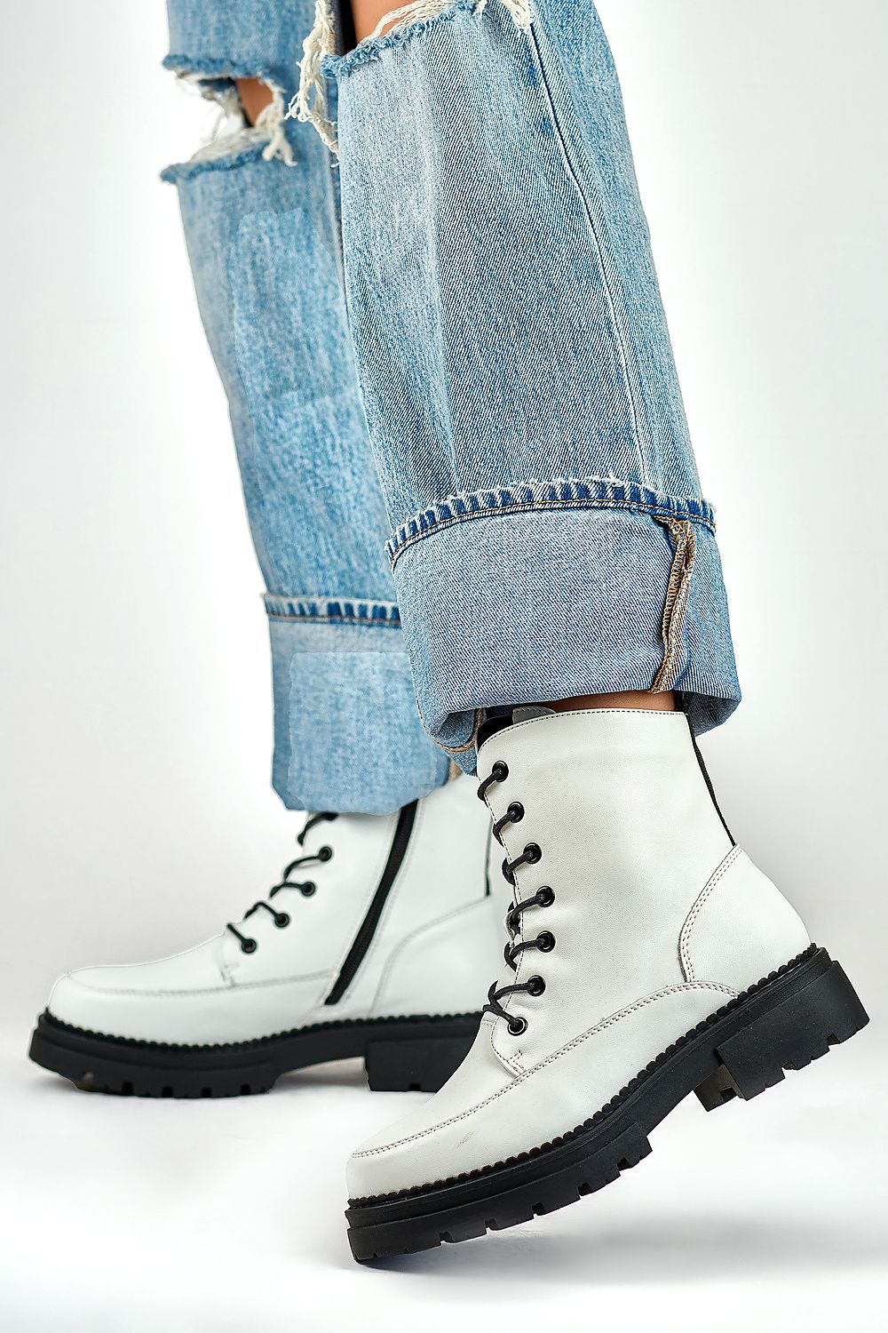 White Leather Lace-Up Boots