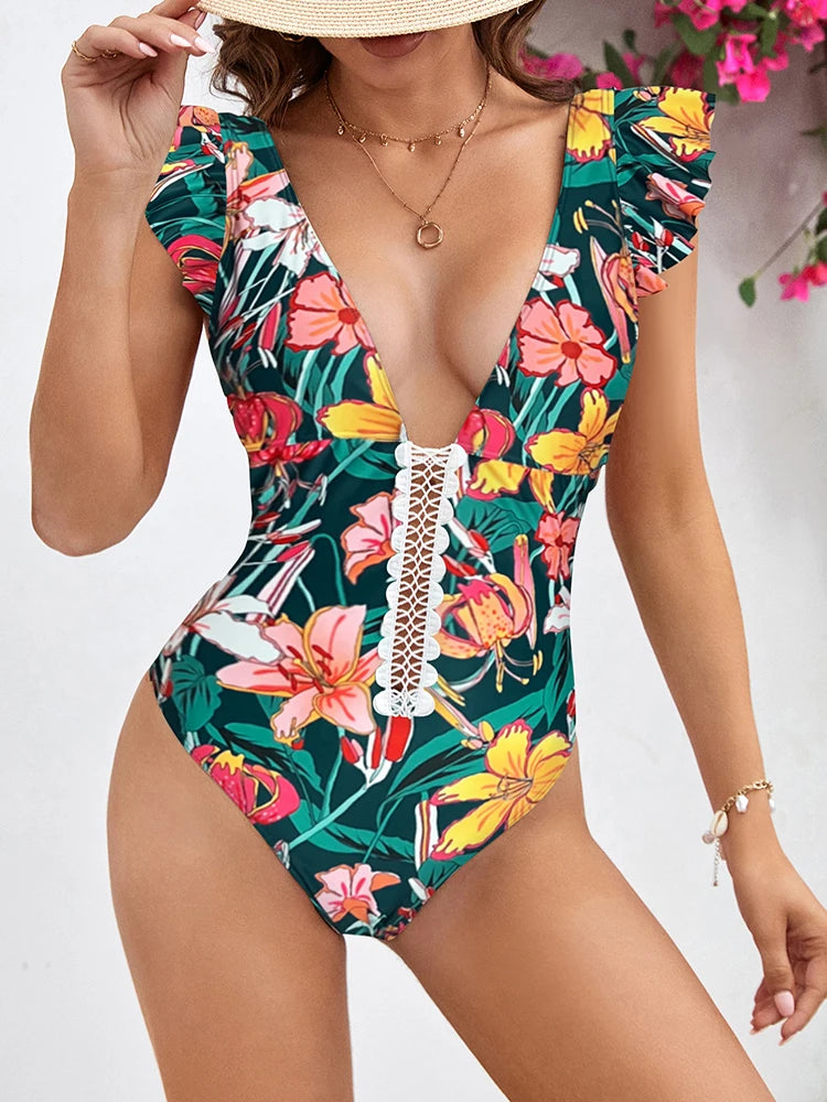 Backless One Piece Swimsuit w/ Ruffle