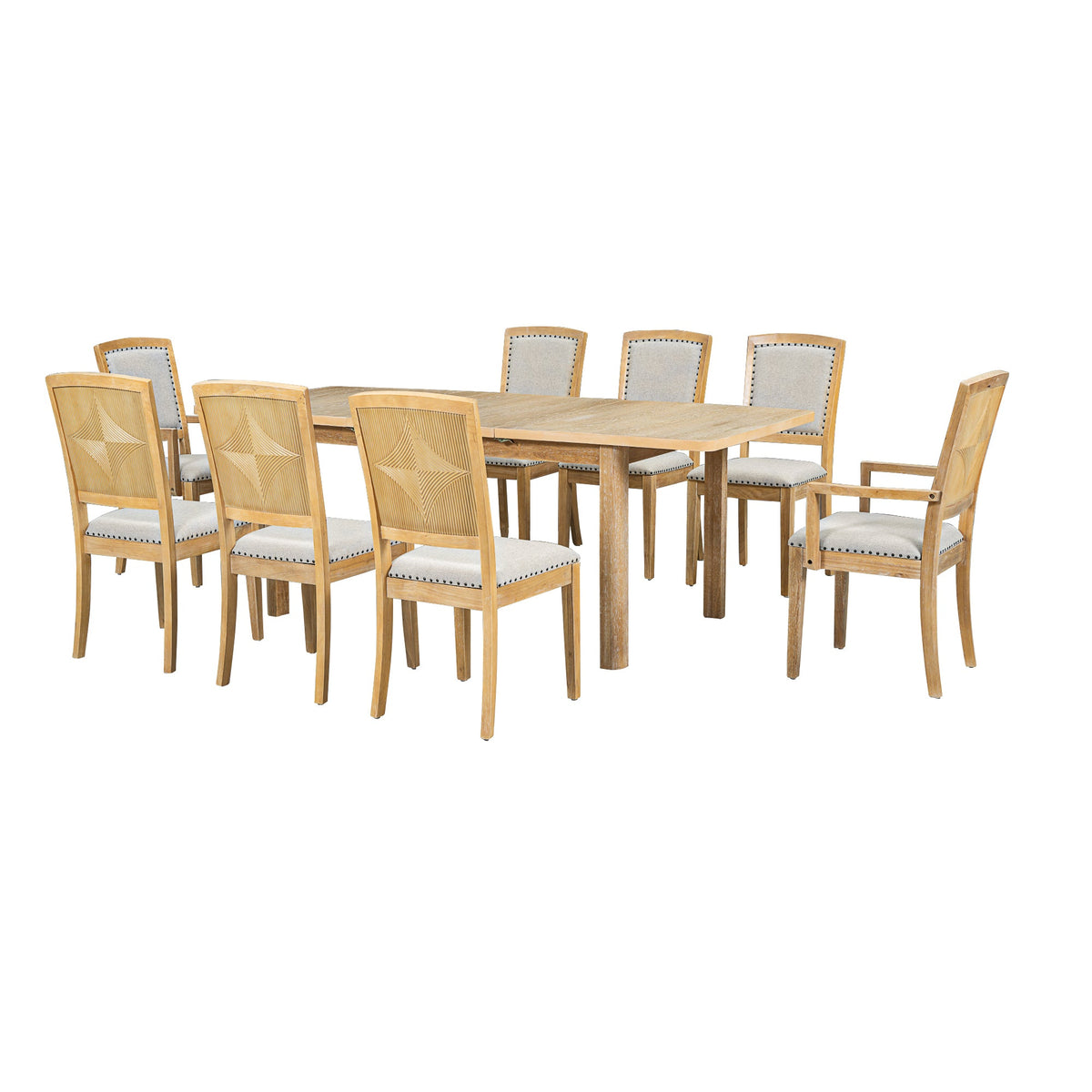 Rustic 84in Dining Table Set w/ 24in Removable Leaf 8 Upholstered Chairs