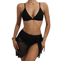 Three Pieces Swimwear Black Bikini Set With Cover Up