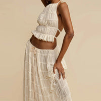 Pleated Crop Tops Long Skirt Sexy 2 Piece Set Beach Outfit