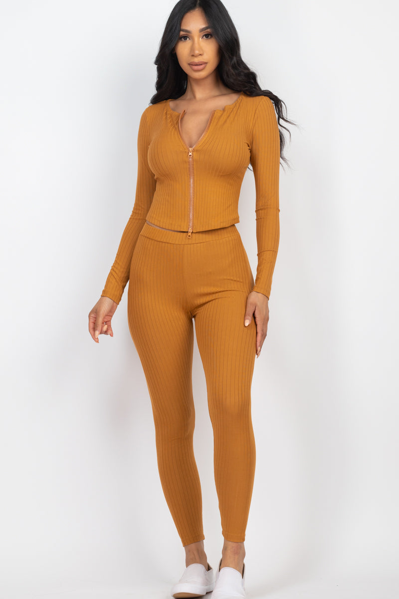 Ribbed Zip Front Long Sleeve Top & Leggings Set (CAPELLA)