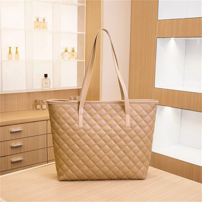 Women Rhombic Embroidery Handbag PU Leather Solid Color Fashion Tote Shoulder Bag