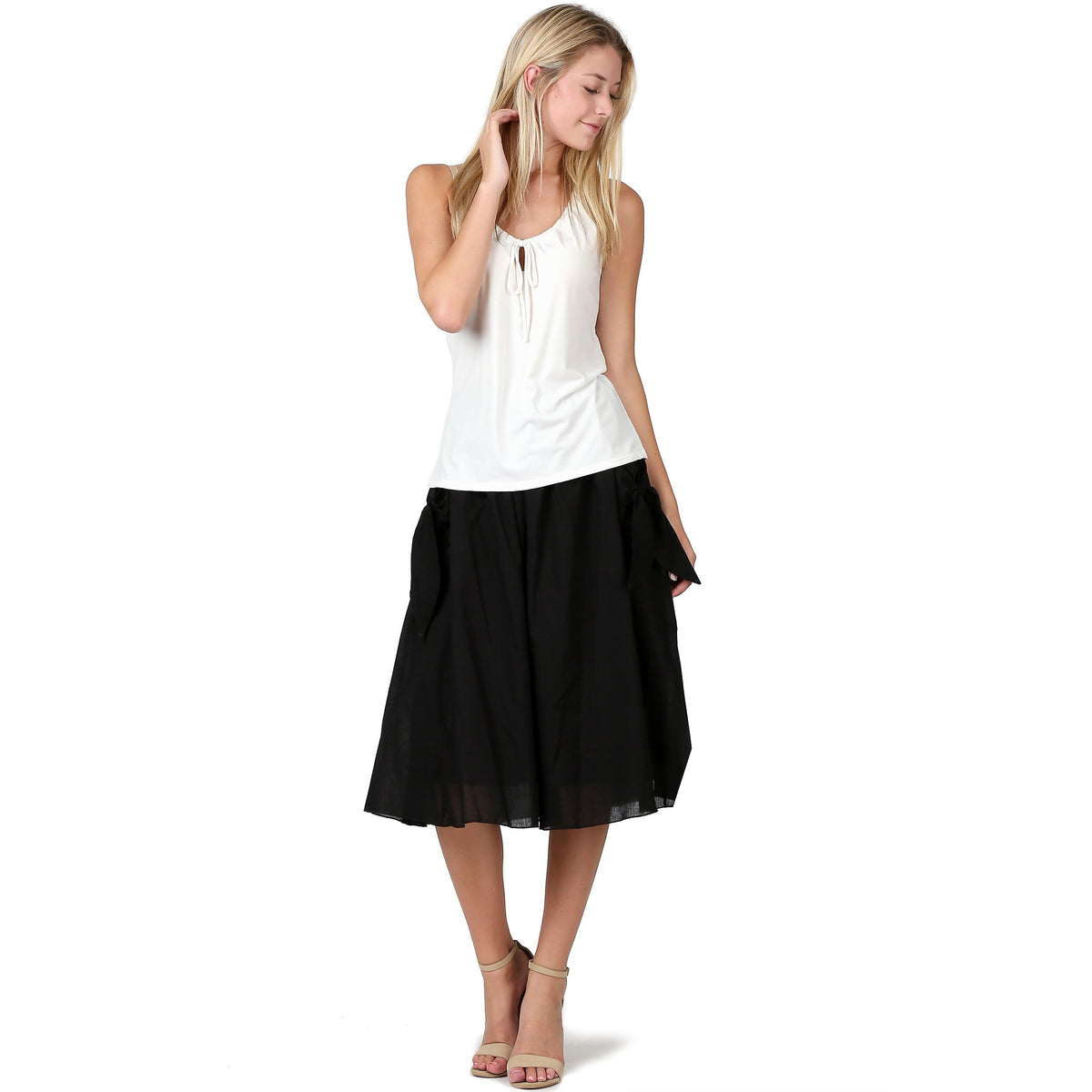 Evanese Women's Cotton Knee Length Skirt With Front Pockets & Ribbon