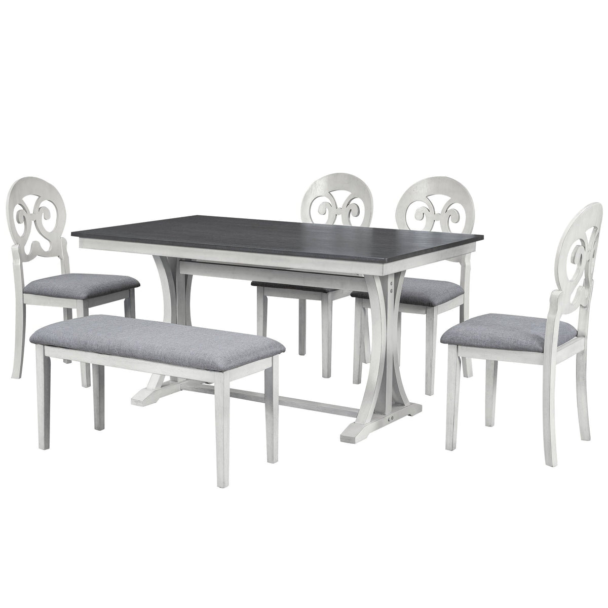 Mid-Century 6-Piece Table Set w/ Round Upholstered Dining Chairs & Bench