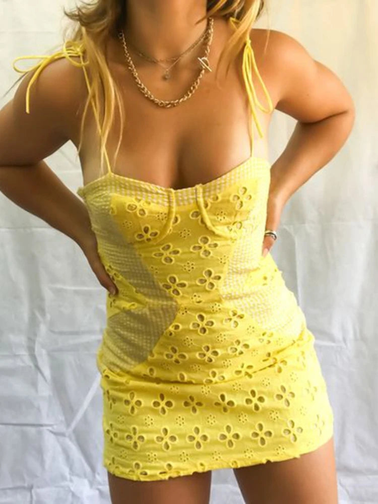 Sunshine Yellow Embroidery Mini Dress