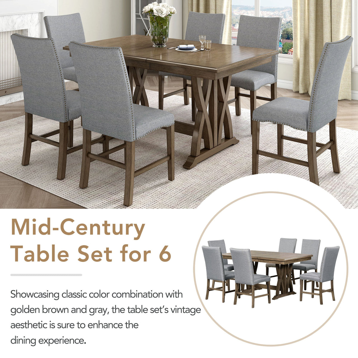 Mid-Century Solid Wood 7-Piece Dining Table Set w/ 12" Leaf w/ 6 chairs