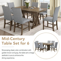 Mid-Century Solid Wood 7-Piece Dining Table Set w/ 12" Leaf w/ 6 chairs