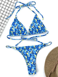 Blue Floral Printed Halter Two-Pieces Bikini