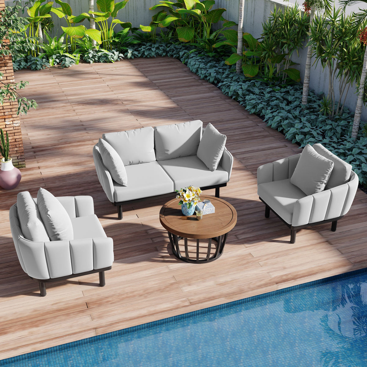 Luxury Modern 4-Piece Outdoor Iron Frame Patio Set w/ Acacia Wood Coffee Table