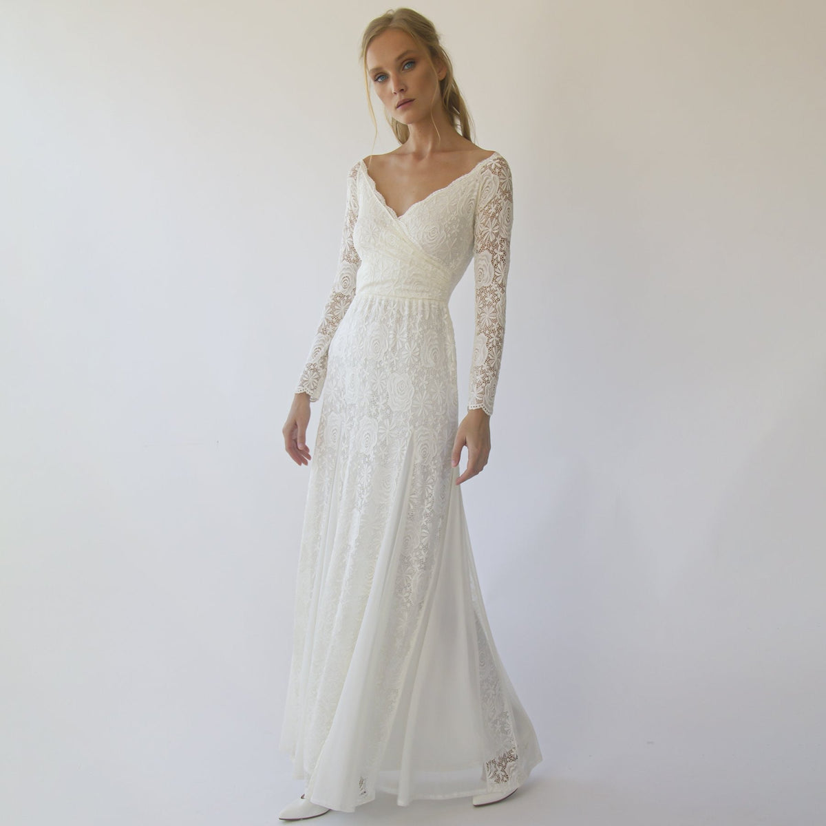 Simplistic Lace Edge, Ivory Off Shoulder Long Sleeve Mermaid Wedding Dress