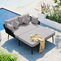 Outdoor Daybed, Woven Nylon Rope Backrest With Washable Cushions in Gray