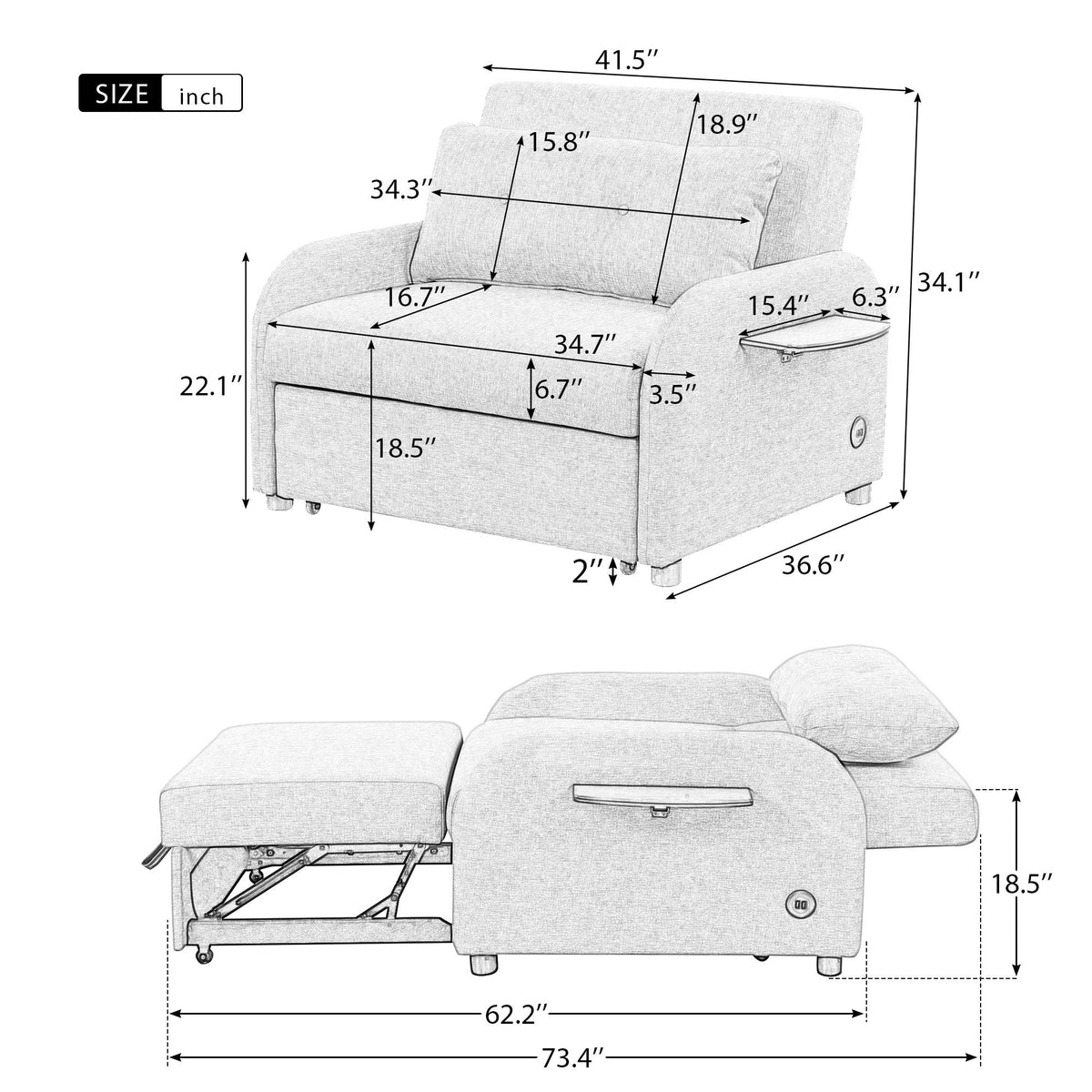 Pull Out Sofa Sleeper 3 in 1 With 2 Wing Table and USB Charge