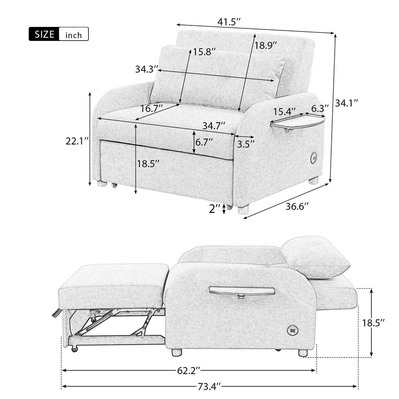 Pull Out Sofa Sleeper 3 in 1 With 2 Wing Table and USB Charge