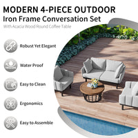 Luxury Modern 4-Piece Outdoor Iron Frame Patio Set w/ Acacia Wood Coffee Table