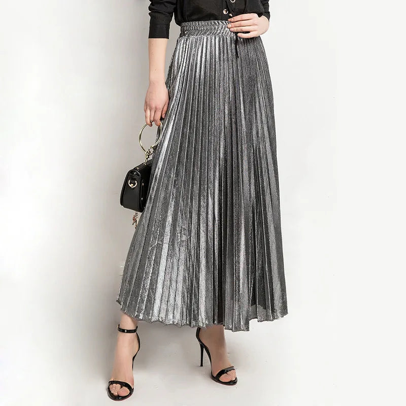 LANMREM - High Waist A-Line Pleated Vintage Elastic Long Skirt (Multiple Colors)