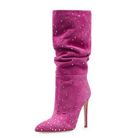 Frosted Rhinestone Pleated Knee High Heel Boots