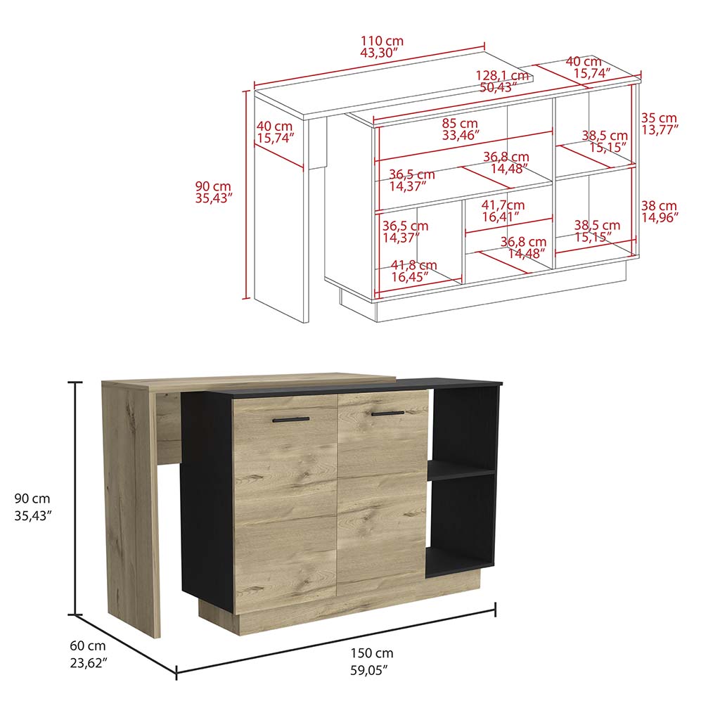 Kitchen Island Ohio, Double Door Cabinets - Black / Light Oak