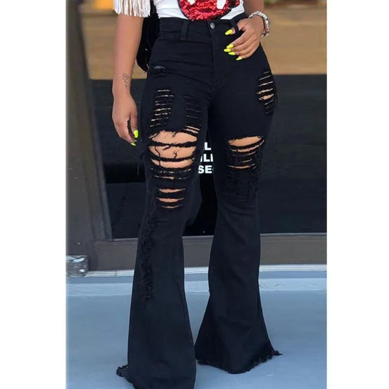 Denim High Waist Flare Ripped Stretchy Jeans (Multiple Colors)