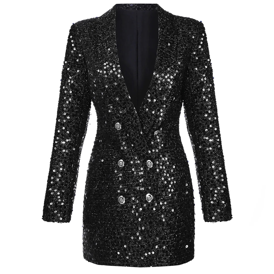 Designer Handmade Blazer w/ Double Lion Buttons Glitter Sequined Long