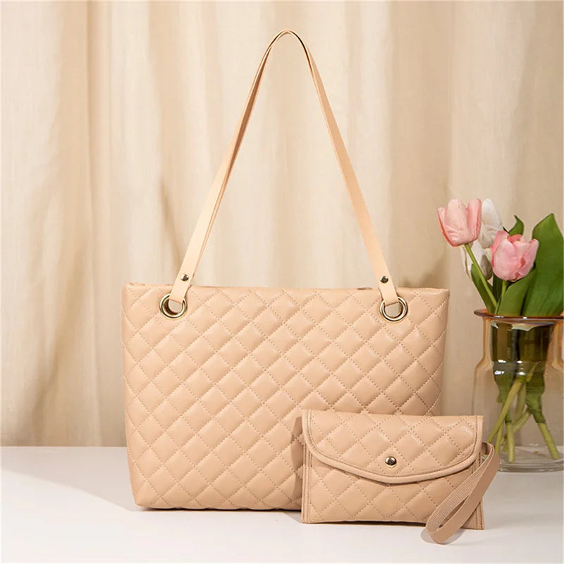 Women Rhombic Embroidery Handbag PU Leather Solid Color Fashion Tote Shoulder Bag