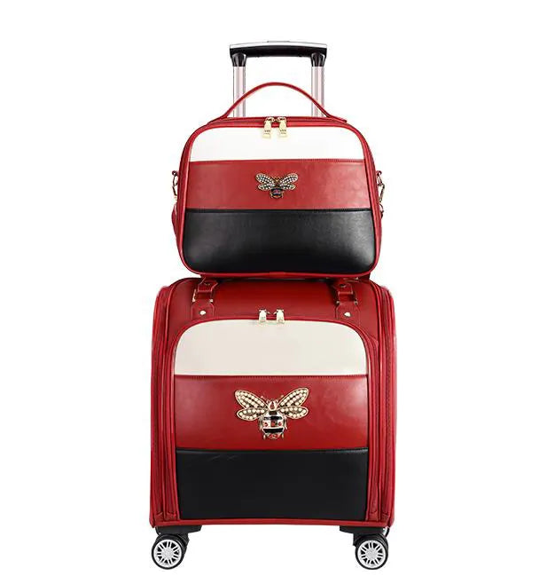 Queen Bee - Black, Red & White Light Weight Leather Rolling Luggage 16"/18" Inch