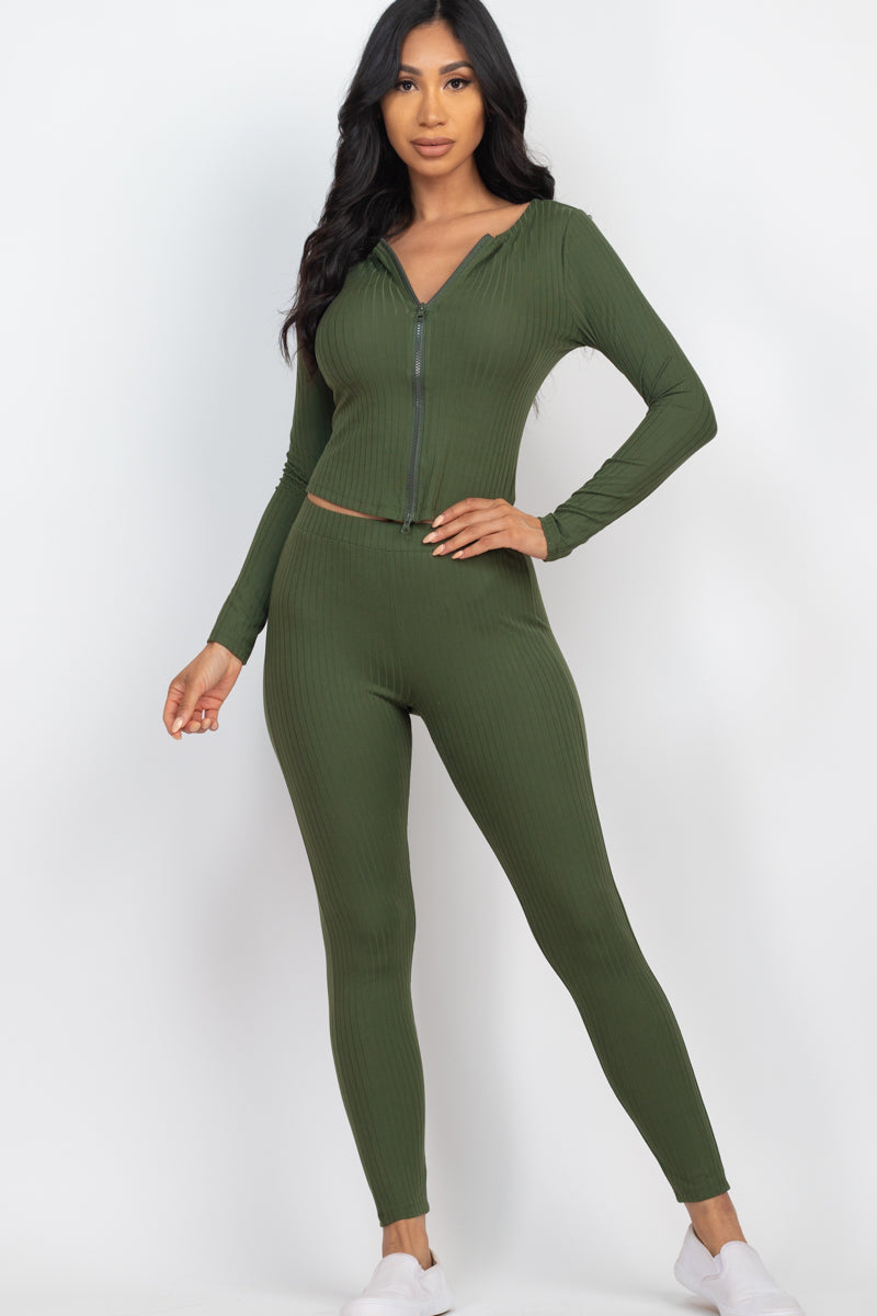 Ribbed Zip Front Long Sleeve Top & Leggings Set (CAPELLA)