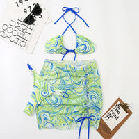 3 Pieces Bikini Set With Skirt Tie Dye String Thong Swim Suit