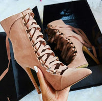 Velvet Lace-Up Zipper Stiletto Ankle Boots