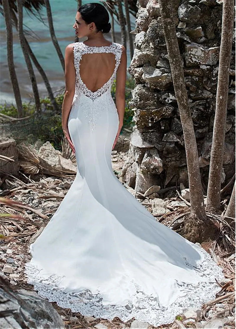 LORIE Mermaid Sleeveless Lace Back Boho Wedding Gown Long W/ Train