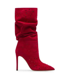 Frosted Rhinestone Pleated Knee High Heel Boots