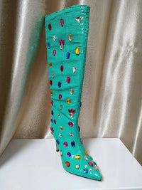 Sequin Rhinestone Knee-High Boots