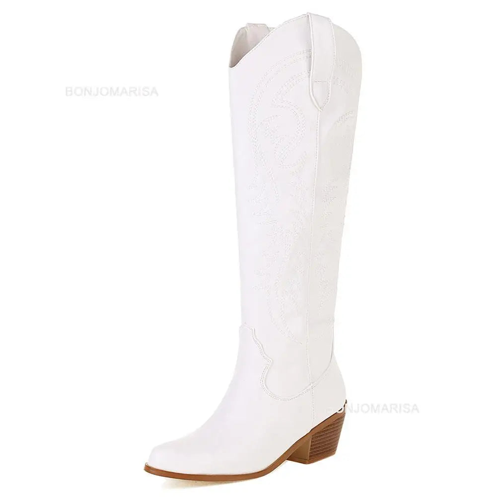 Embroidered Western Knee High Cowboy Boots (Multiple Color Options)