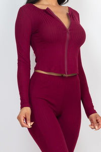 Ribbed Zip Front Long Sleeve Top & Leggings Set (CAPELLA)