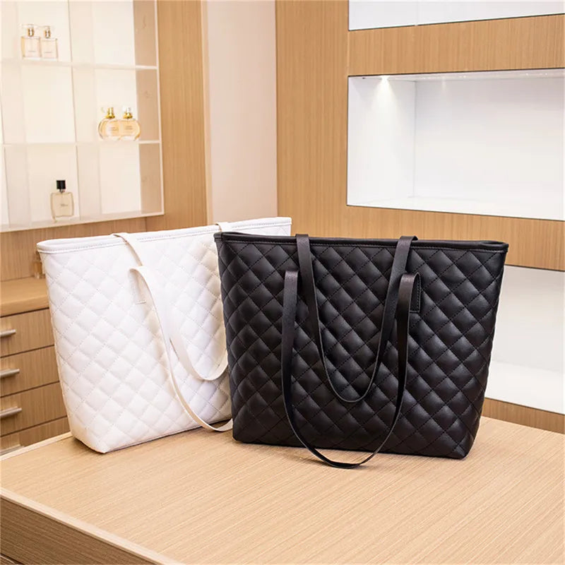 Women Rhombic Embroidery Handbag PU Leather Solid Color Fashion Tote Shoulder Bag