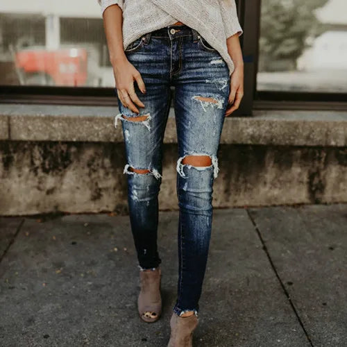 Boyfriend Hole Ripped Skinny Jeans Women