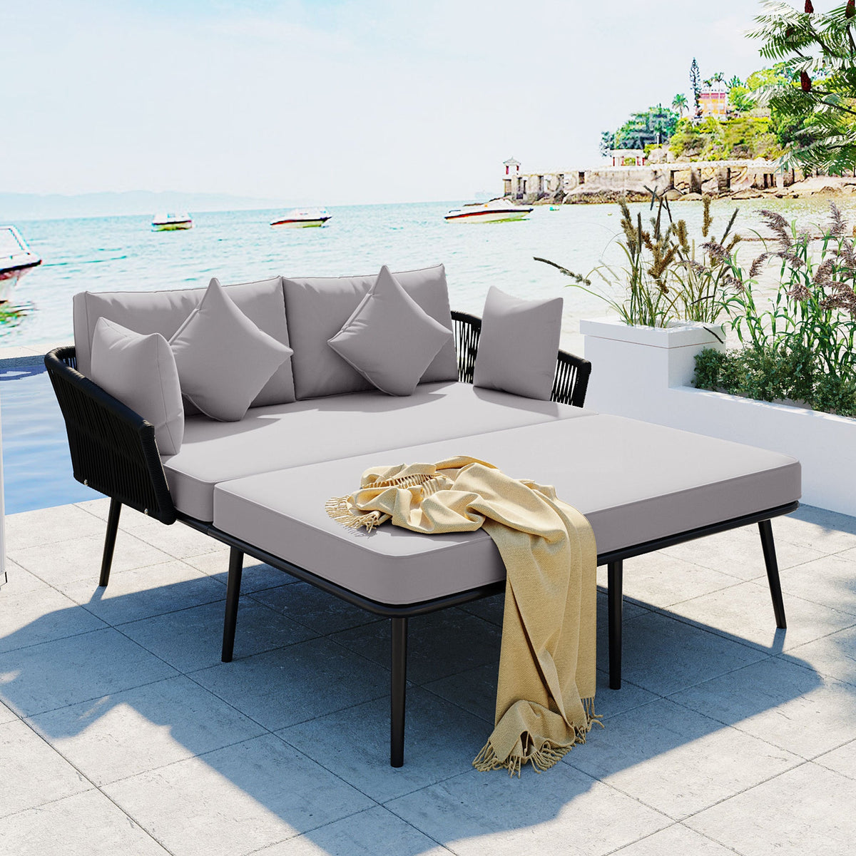 Outdoor Daybed, Woven Nylon Rope Backrest With Washable Cushions in Gray