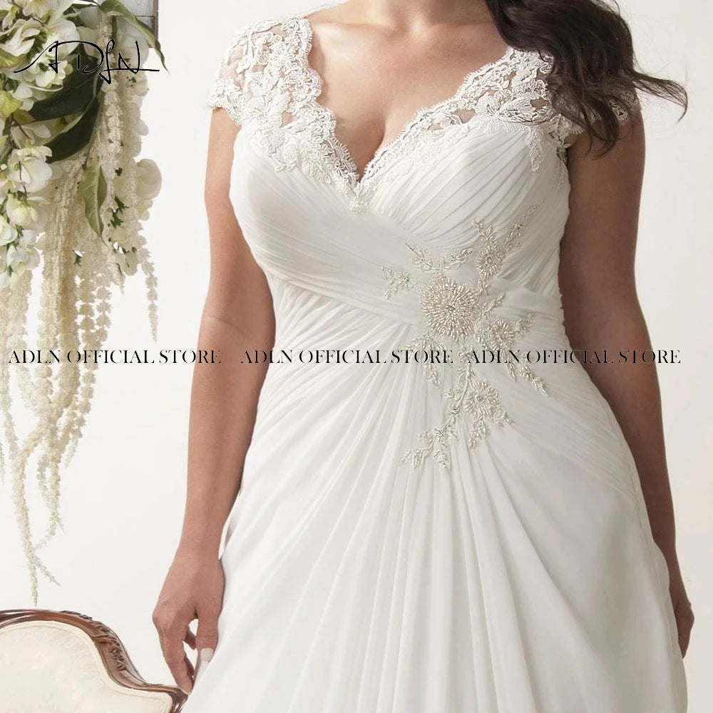 Elegant Plus Size Wedding Dresses V-Neck Cap Sleeves Sweep Train