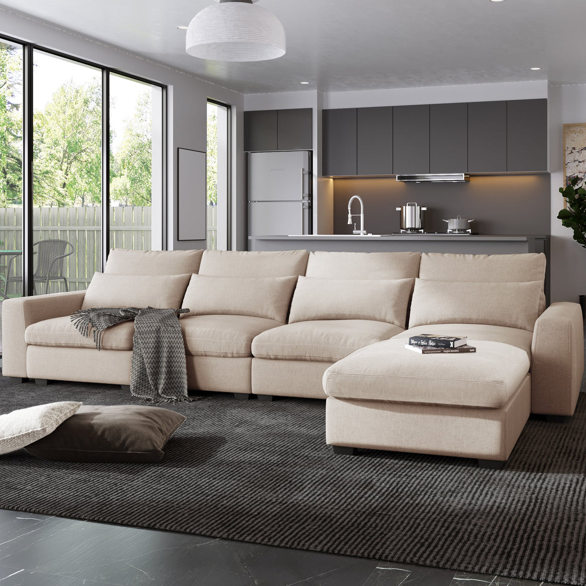 Feather Filled Modern Large L-Shape Convertible Sectional w/ Reversible Chaise