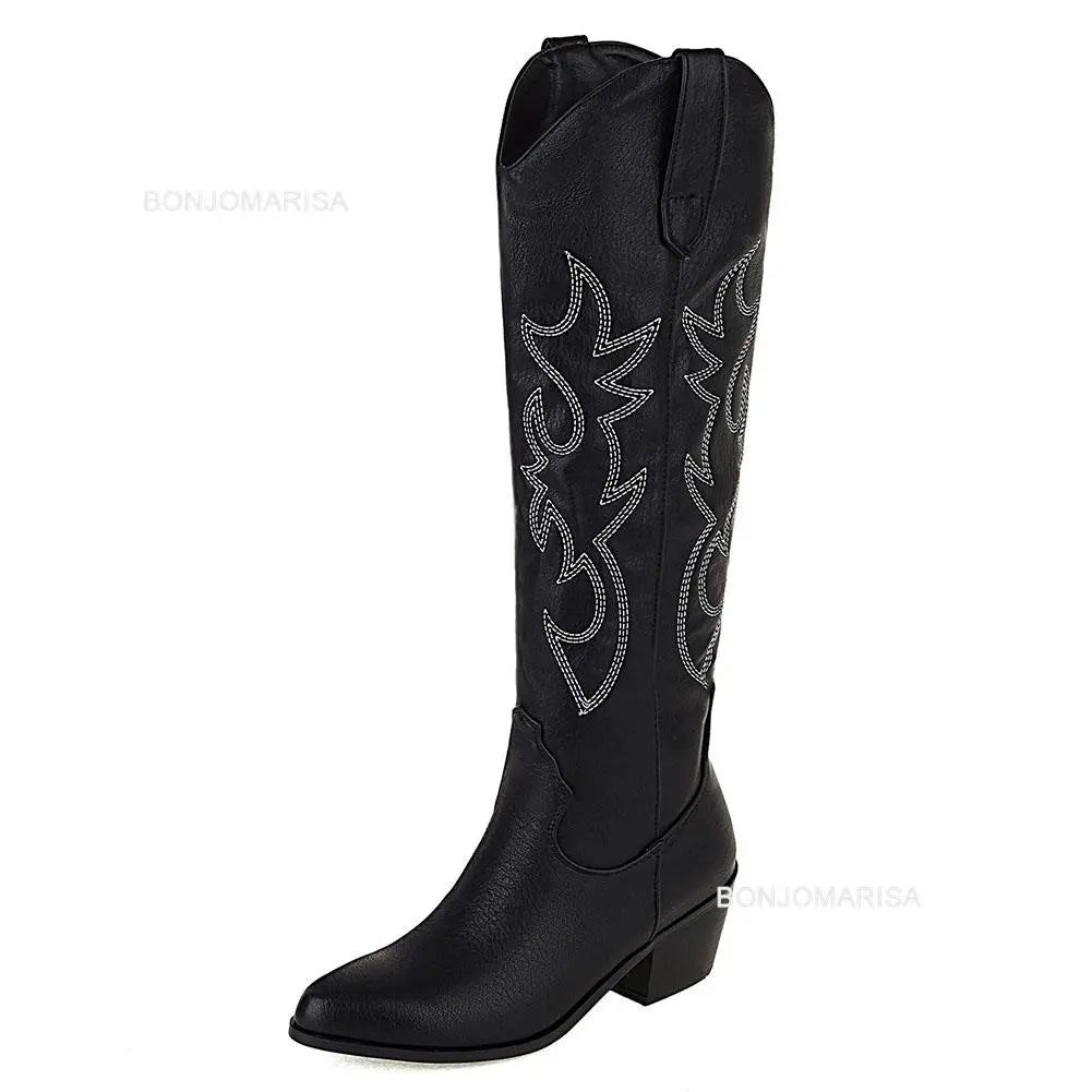 Embroidered Western Knee High Cowboy Boots (Multiple Color Options)