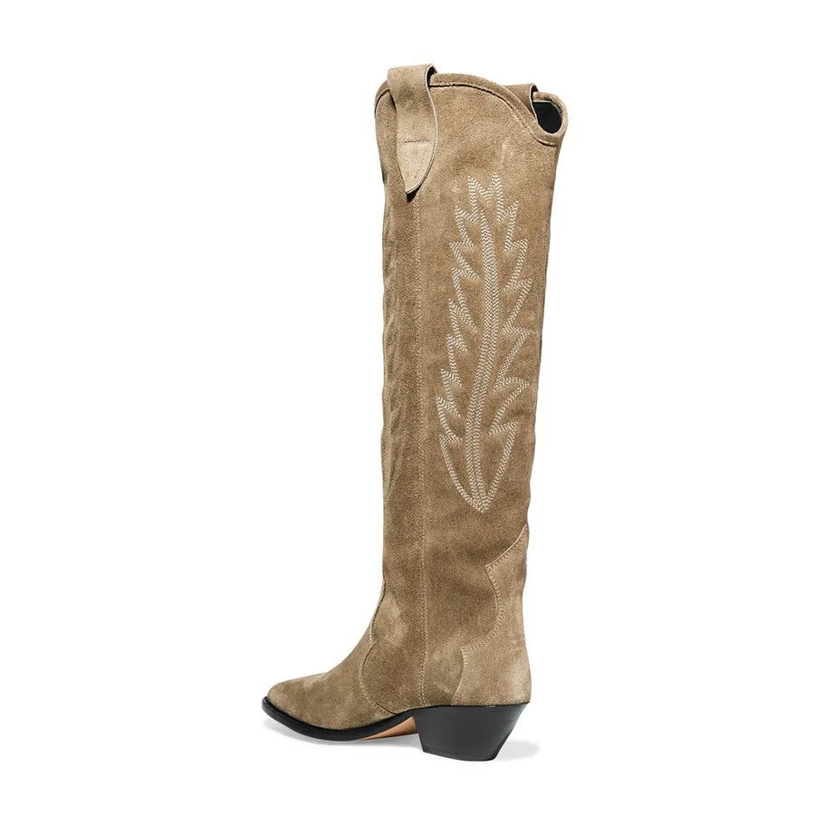 Suede Embroidered Knee High Boots in Nude & Black