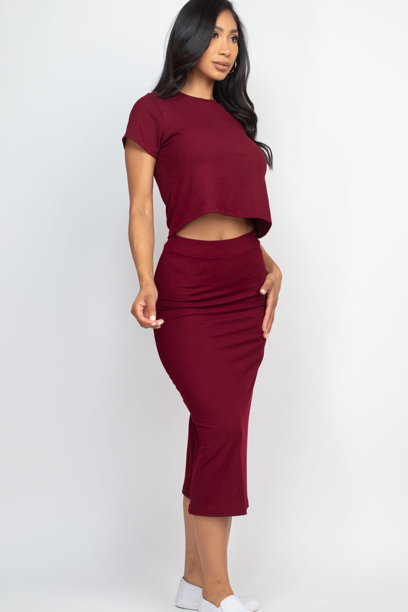 Short Sleeve Ribbed Top & Midi Skirt Set (CAPELLA) (Multiple Colors)