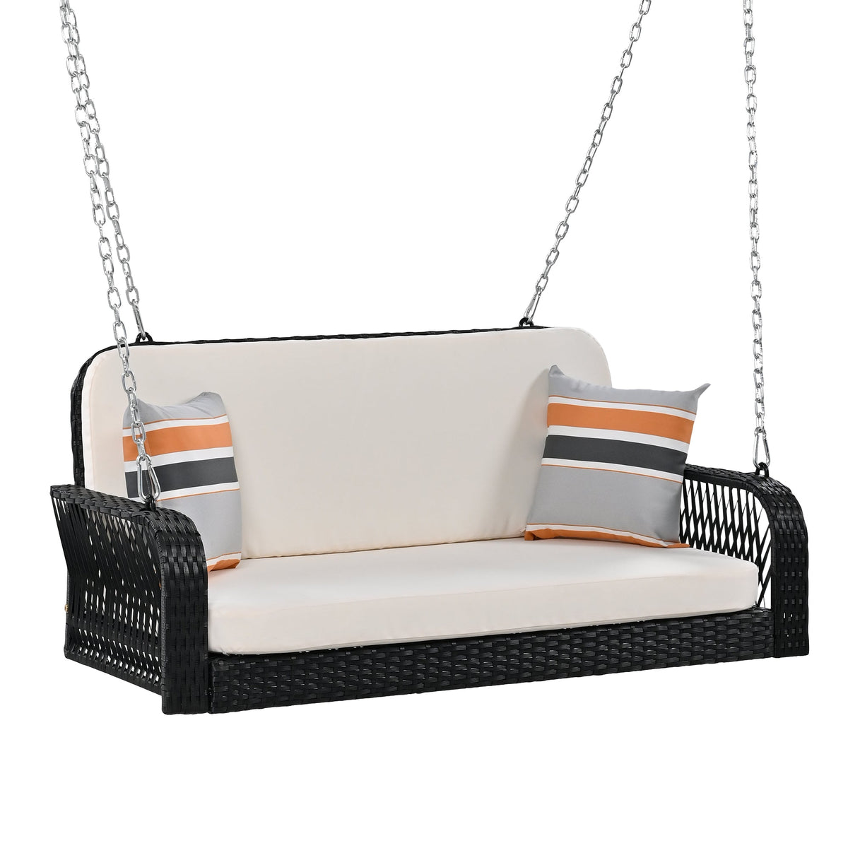 2-Seater Hanging Bench PE Wicker Porch Swing w/ Chains