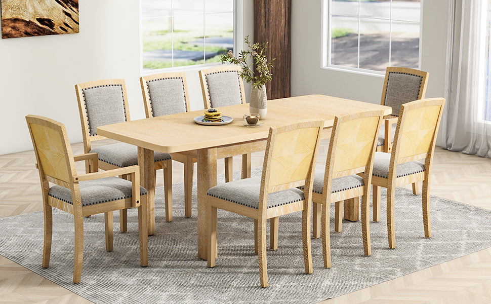 Rustic 84in Dining Table Set w/ 24in Removable Leaf 8 Upholstered Chairs