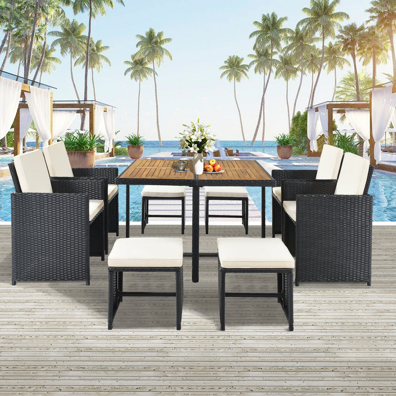 All-Weather PE Wicker Dining Table Set With Wood Tabletop for 8 (9-Piece Set)