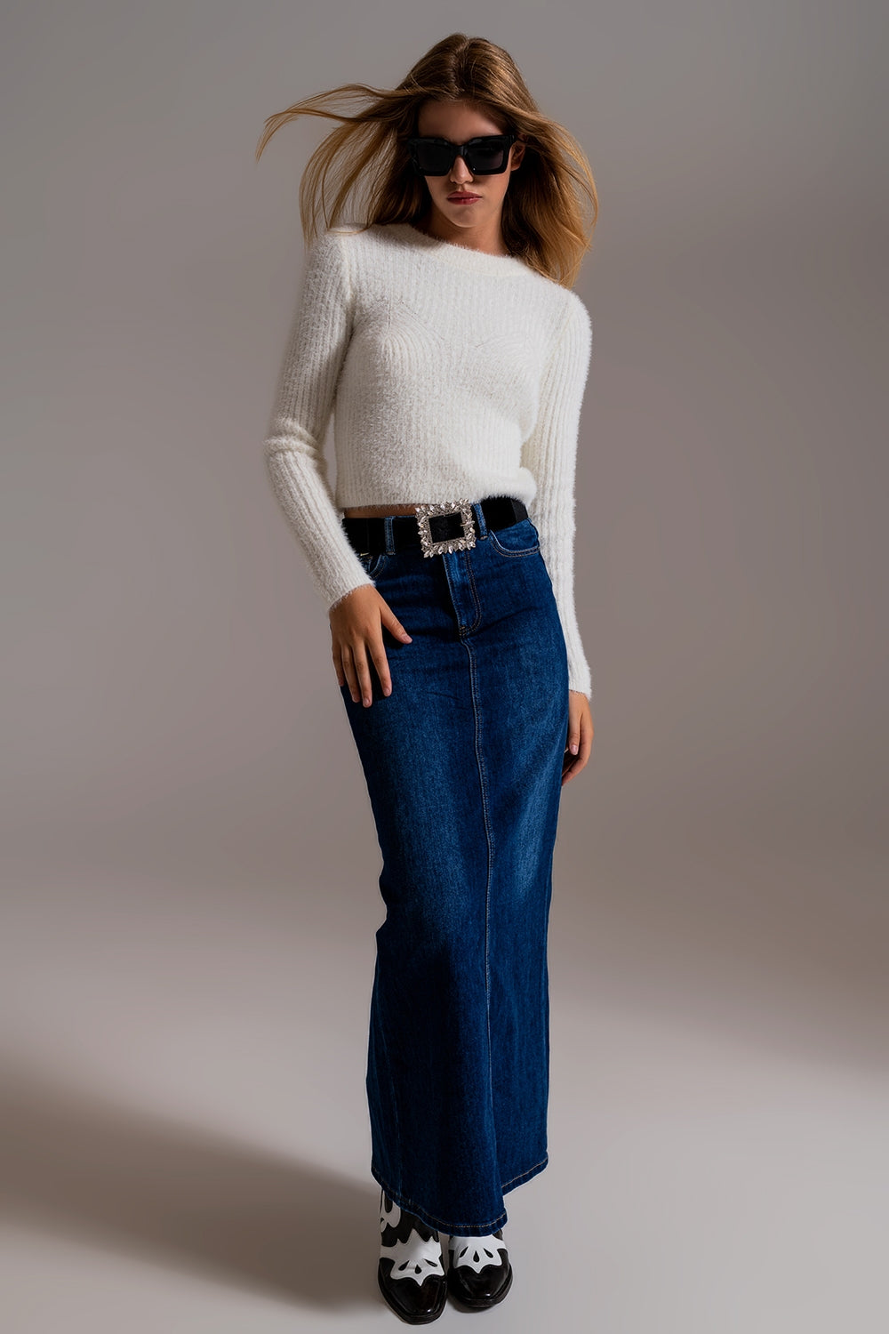 Ribbed Cropped Sweater With Stitching Detail