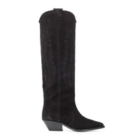 Suede Embroidered Knee High Boots in Nude & Black