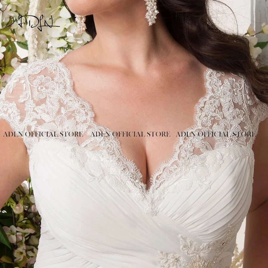 Elegant Plus Size Wedding Dresses V-Neck Cap Sleeves Sweep Train